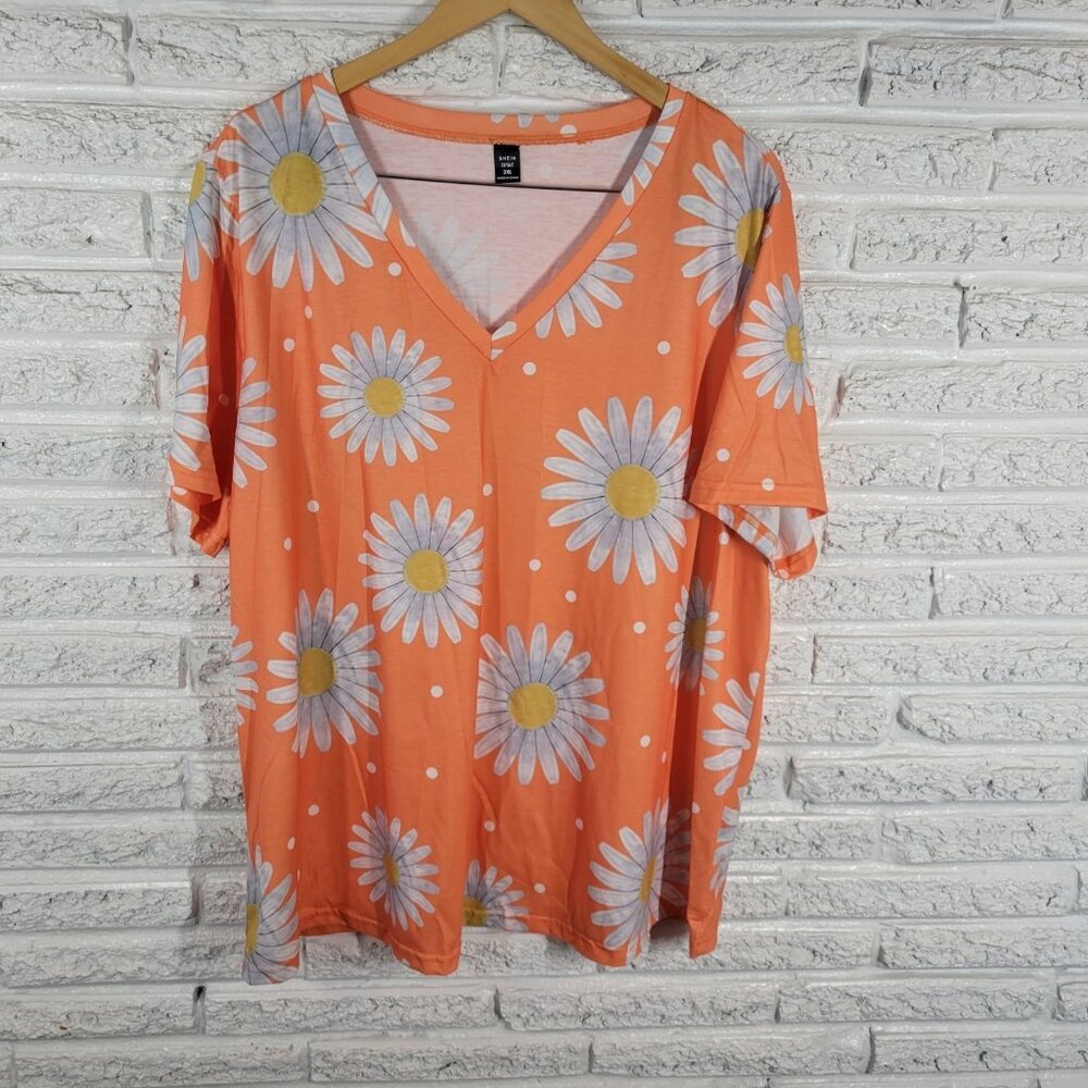 Shein Curve Womens Top 3XL Plus Tee Daisies Orange Floral Poly Blend FLO131E
